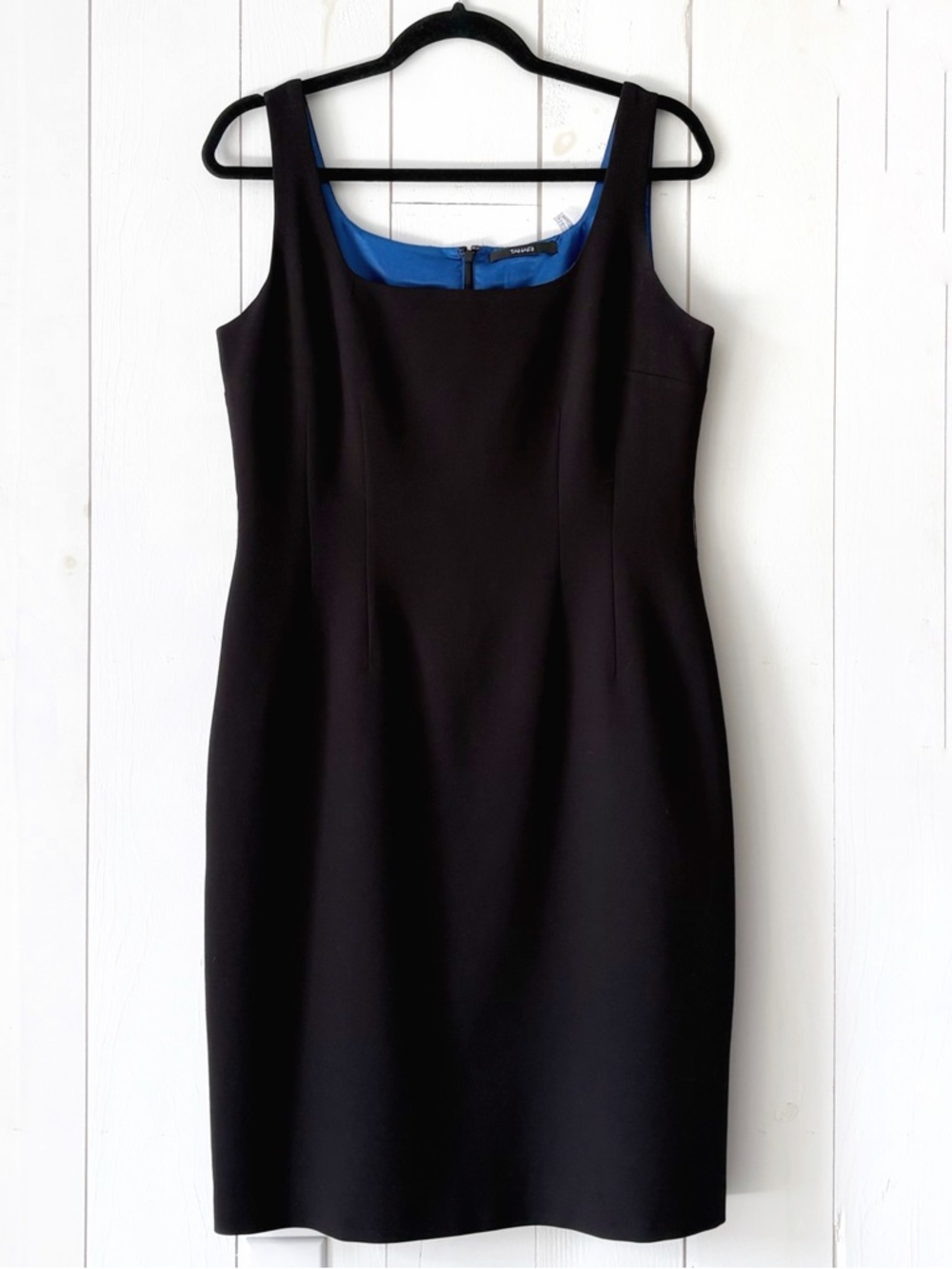 Tahari Square Neckline Black Electric Blue Satin Lining Midi Dress Size 10